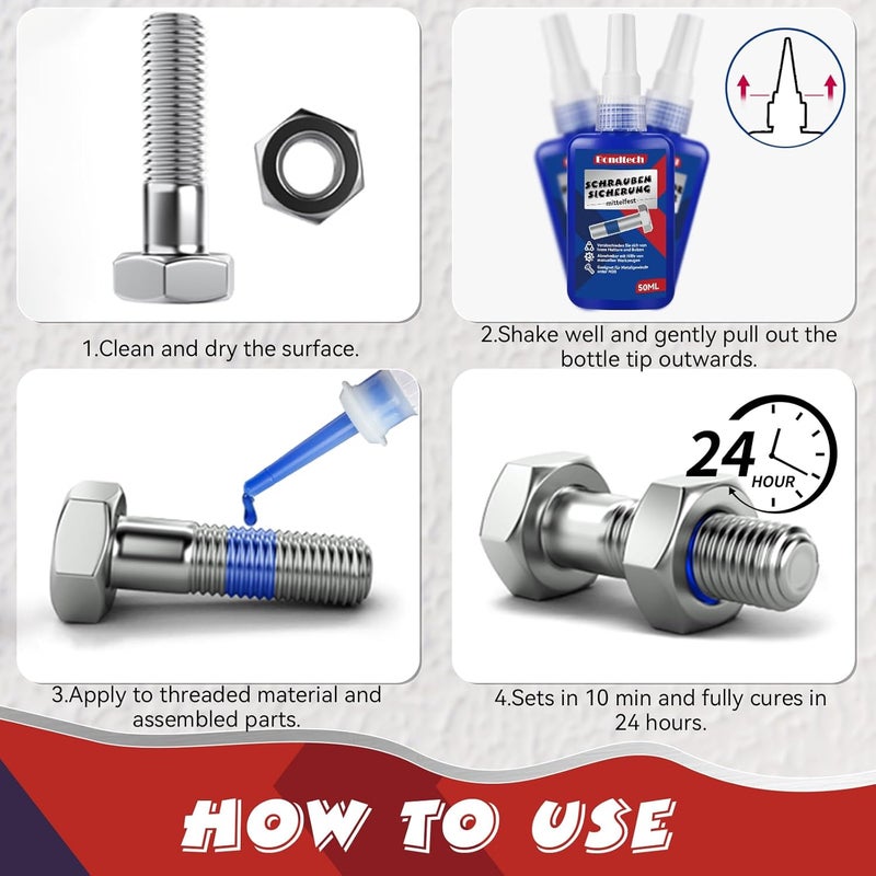 Bondtech Thread Lock Blue and Red, Threadlocker Medium and High Strength, Thread Locker for Nuts, Bolts, Fasteners and Metals, Against Losening and Leakage (Medium-High-100ml) - Image 5